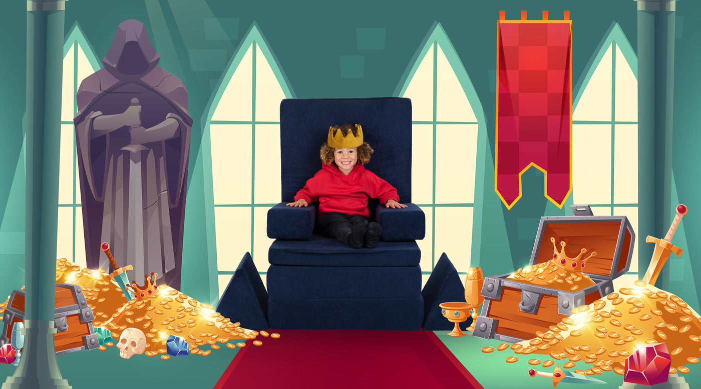 Kid sitting on Blueberry blue Zonky play sofa throne illustration